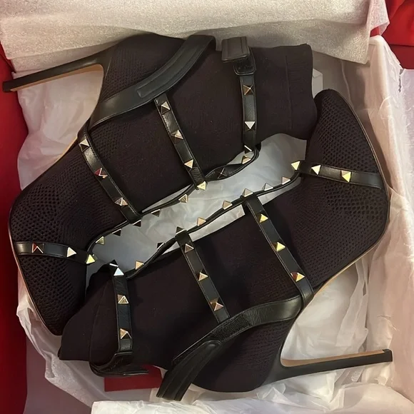 VALENTINO GARAVANI Rockstud Leather-trimmed Stretch-knit Sock Boots In Black